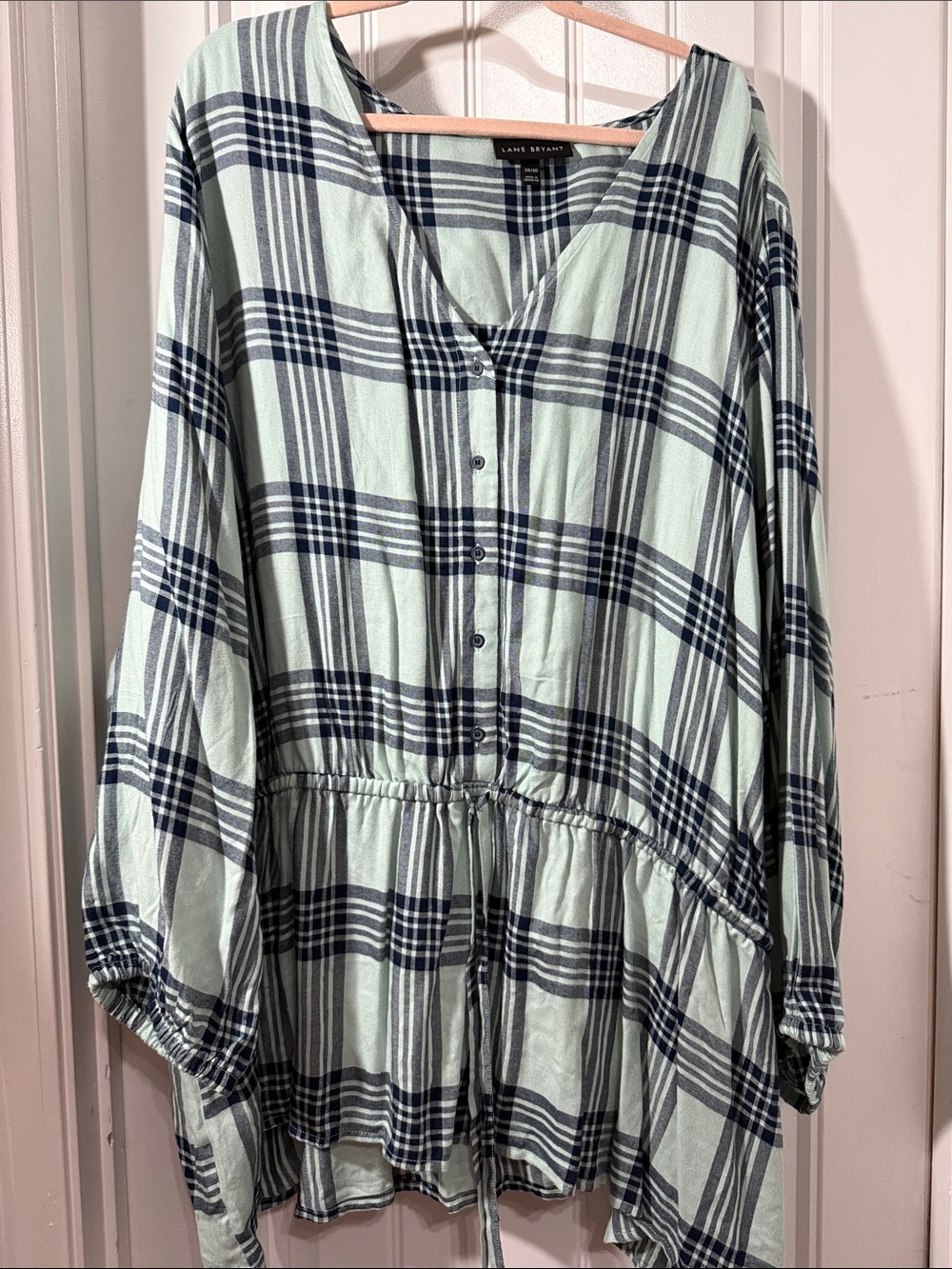 Lane Bryant Mint Plaid Button-Front Peplum Tunic